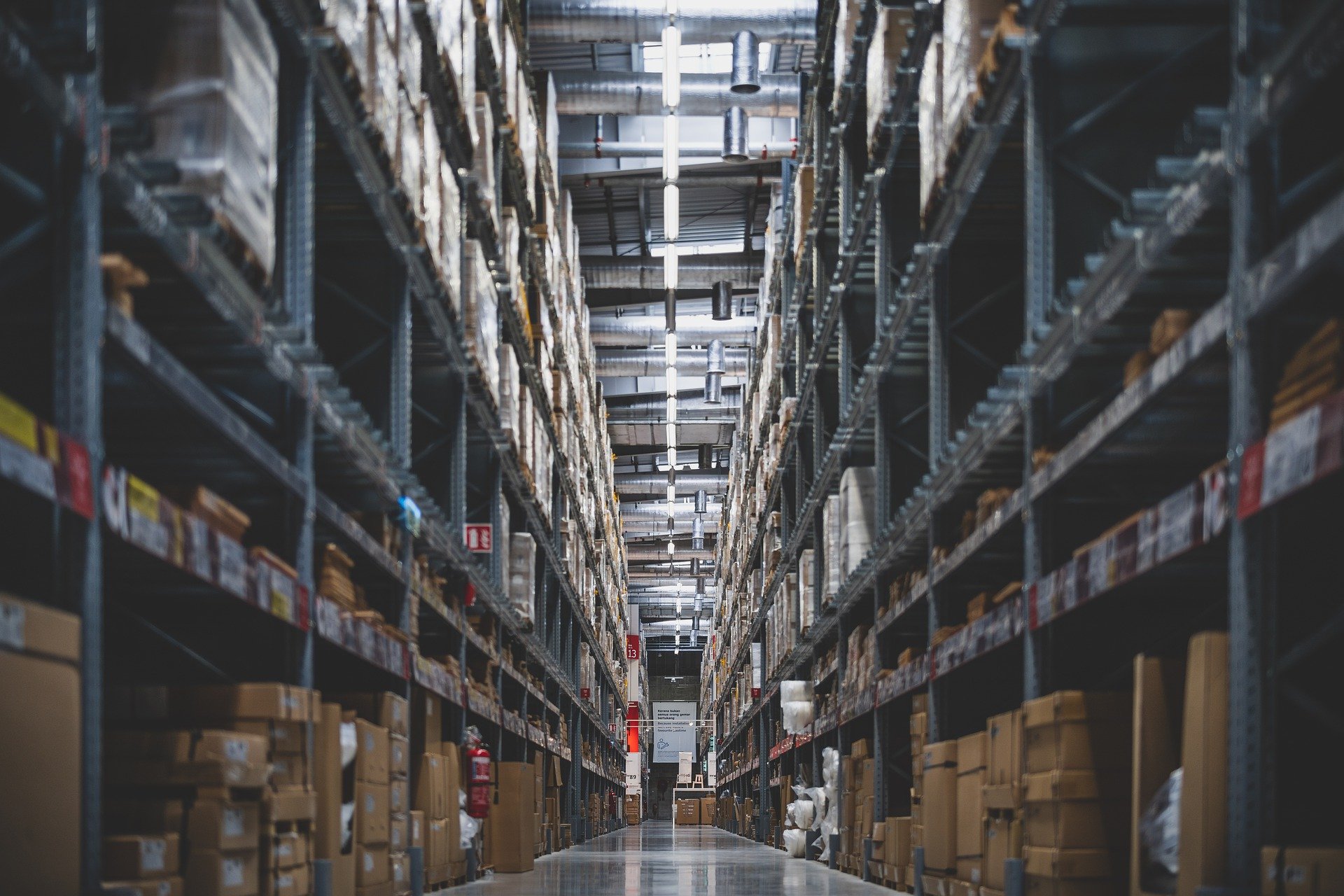 Warehouse with boxes on shelves